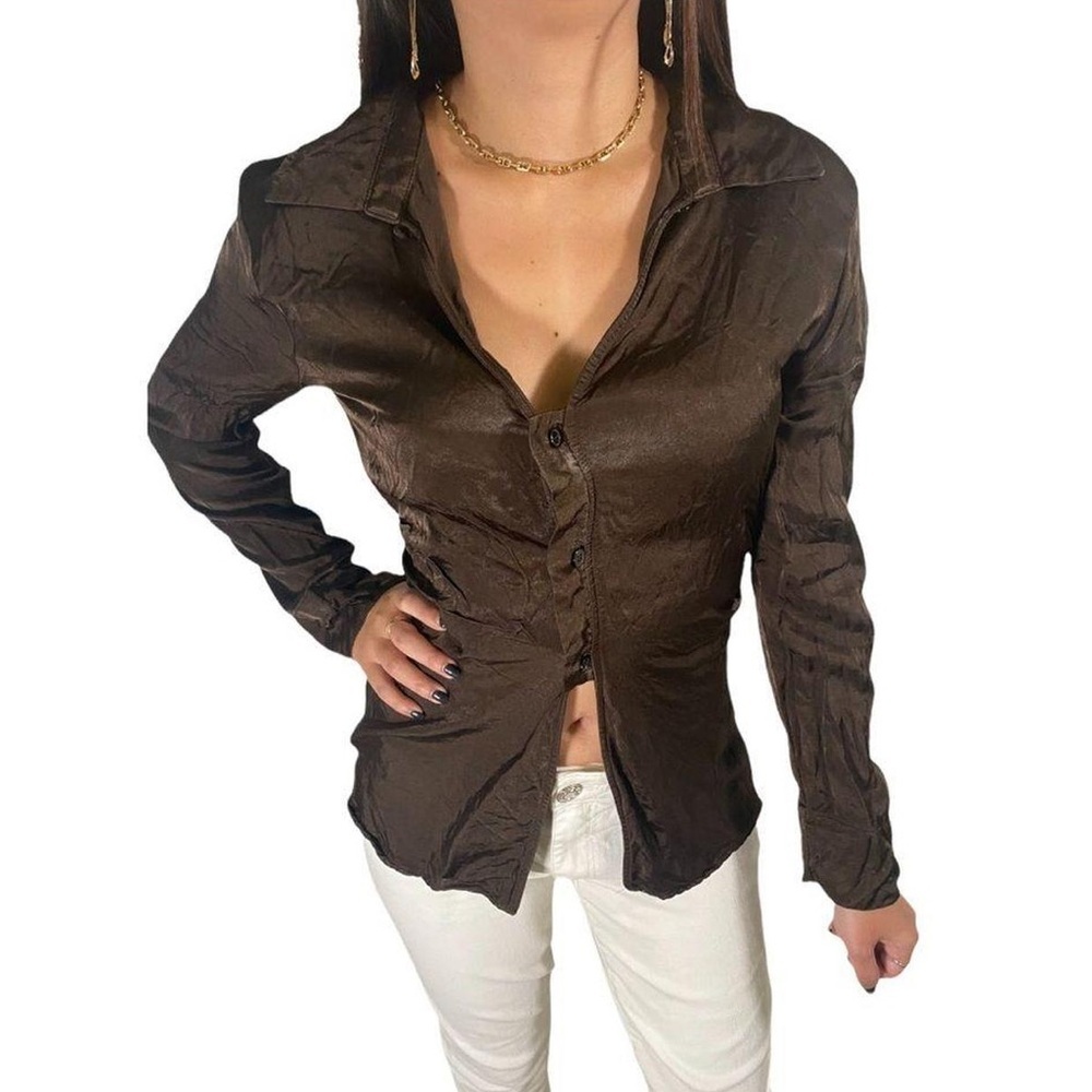 Zara Brown Satin Silk Keyhole Long Sleeve Fitted Button Down Shirt Top Size M